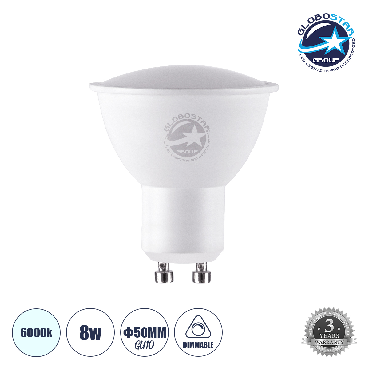 60105_1 GLOBOSTARu00ae FLOODO 60105 u03a3u03c0u03bfu03c4 GU10 MR16 LED 8W 928lm 120u00b0 AC 220-240V IP20 u03a8u03c5u03c7u03c1u03cc u039bu03b5u03c5u03bau03cc 6000K Dimmable - Bridgelux SMD Chip - u039c5 x u03a05 x u03a55.8cm - 3 u03a7u03c1u03ccu03bdu03b9u03b1 u0395u03b3u03b3u03cdu03b7u03c3u03b7