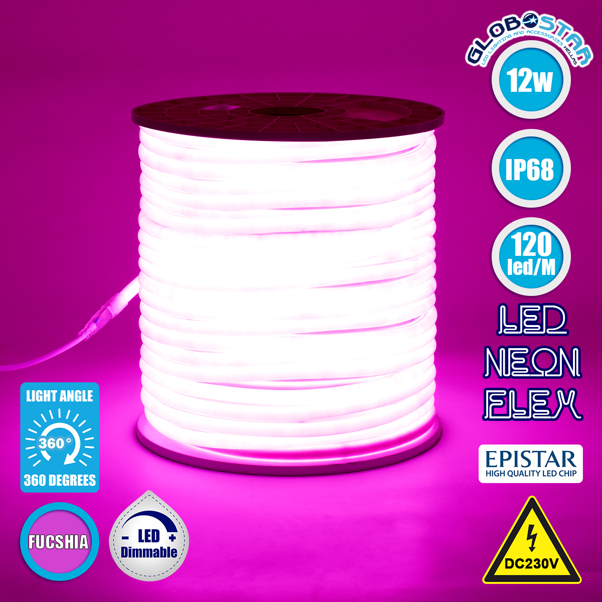 70597_1 GLOBOSTARu00ae NEOTUBE 70597 u03a4u03b1u03b9u03bdu03afu03b1 Neon Flex LED 12W/m 600lm/m 360u00b0 DC 220-240V u0391u03b4u03b9u03acu03b2u03c1u03bfu03c7u03bf IP65 120 x SMD2835 Chip/m u03a1u03bfu03b6 Dimmable - Sanan SMD Chip - u039c100 x u03a01.3 x u03a51.3cm - 3 u03a7u03c1u03ccu03bdu03b9u03b1 u0395u03b3u03b3u03cdu03b7u03c3u03b7