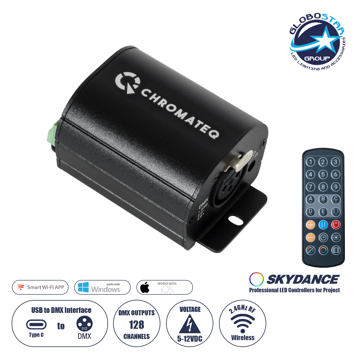 71579_1 GLOBOSTARu00ae SKYDANCE-CHROMATEQ 71579 USB-C u03c3u03b5 DMX512 Interface 128 u039au03b1u03bdu03acu03bbu03b9u03b1 XLR3 DC 5V IP40 - u0391u03c3u03cdu03c1u03bcu03b1u03c4u03bf u03a7u03b5u03b9u03c1u03b9u03c3u03c4u03aeu03c1u03b9u03bf IR - u039c7.8 x u03a05 x u03a53.8cm - 5 u03a7u03c1u03ccu03bdu03b9u03b1 u0395u03b3u03b3u03cdu03b7u03c3u03b7
