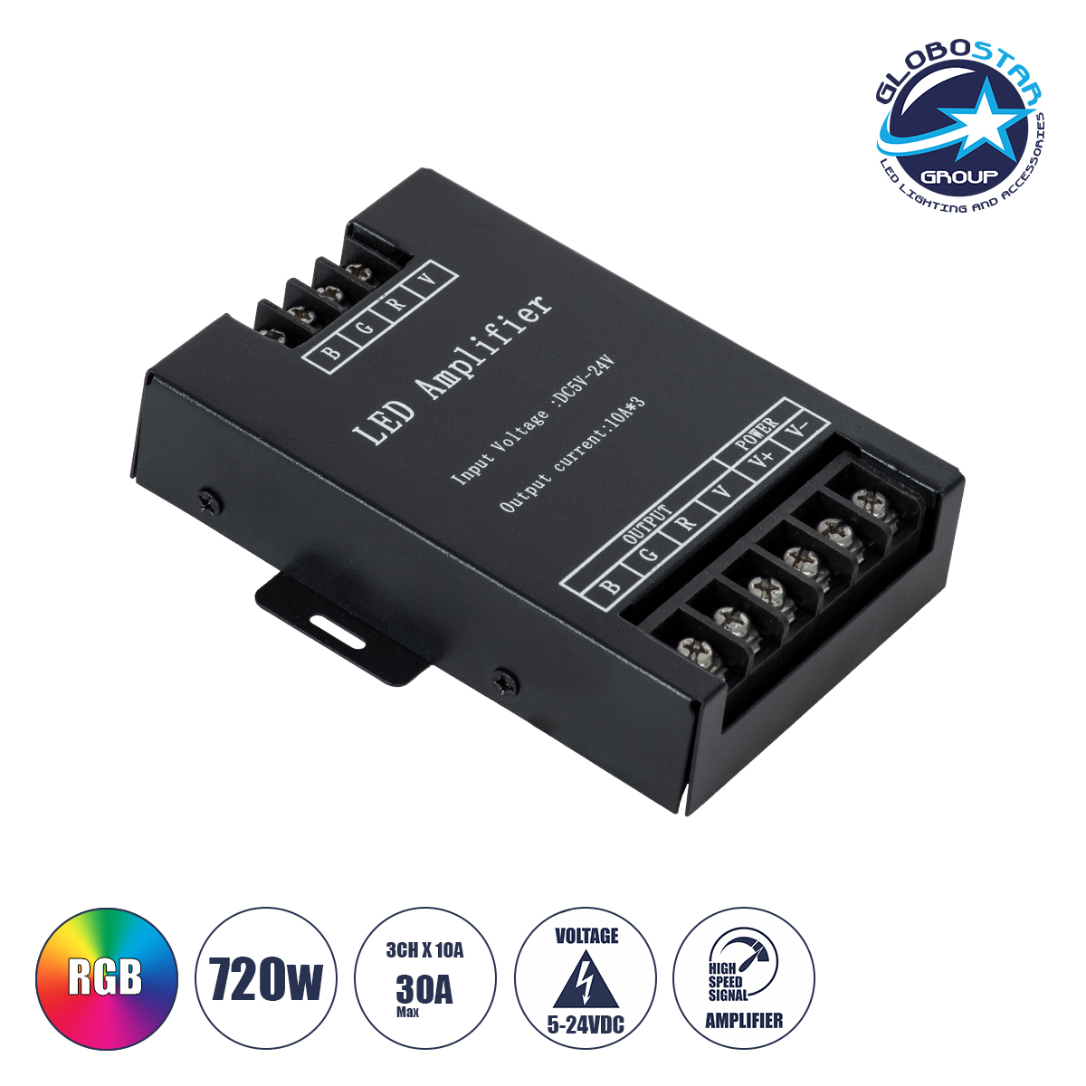 73393_1 GLOBOSTARu00ae RGBAMPLIFIER 73393 DC u0395u03bdu03b9u03c3u03c7u03c5u03c4u03aeu03c2 u0399u03c3u03c7u03cdu03bfu03c2 & u03a3u03aeu03bcu03b1u03c4u03bfu03c2 u03a5u03c8u03b7u03bbu03aeu03c2 u03a4u03b1u03c7u03cdu03c4u03b7u03c4u03b1u03c2 u03bcu03b5 3 x 10A 240W u039au03b1u03bdu03acu03bbu03b9u03b1 DC 5-24V 30A 720W Max IP20 - u039c11 x u03a09 x u03a52.5cm - 2 u03a7u03c1u03ccu03bdu03b9u03b1 u0395u03b3u03b3u03cdu03b7u03c3u03b7