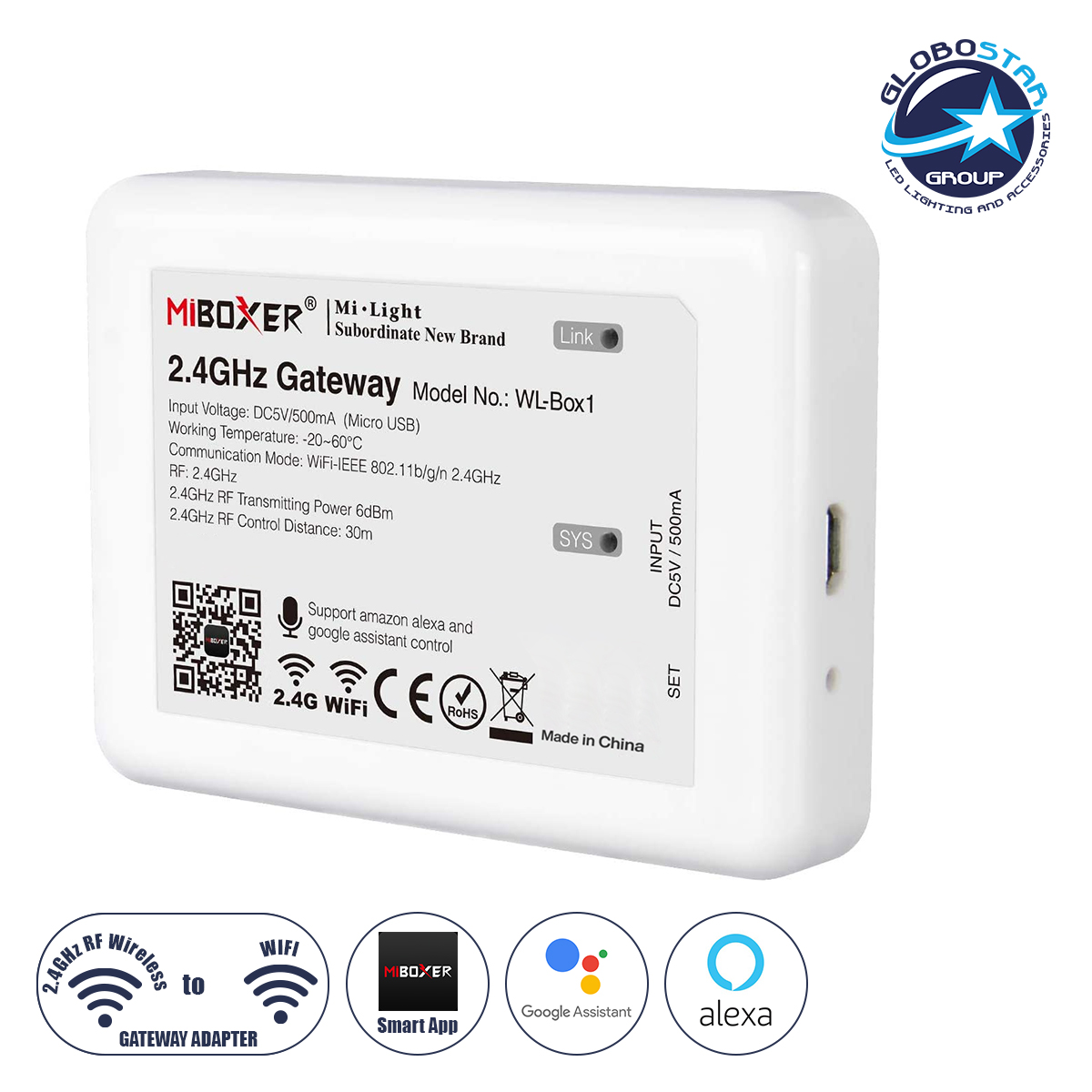 73423_1 GloboStaru00ae 73423 WL-Box1 Mi-BOXER Smart Bridge Gateway RF 2.4GHz to WiFi IEEE 802.11b/g/n DC 5V 500mA - IP20 - u039c9 x u03a06.6 x u03a515cm - 5 Years Warranty