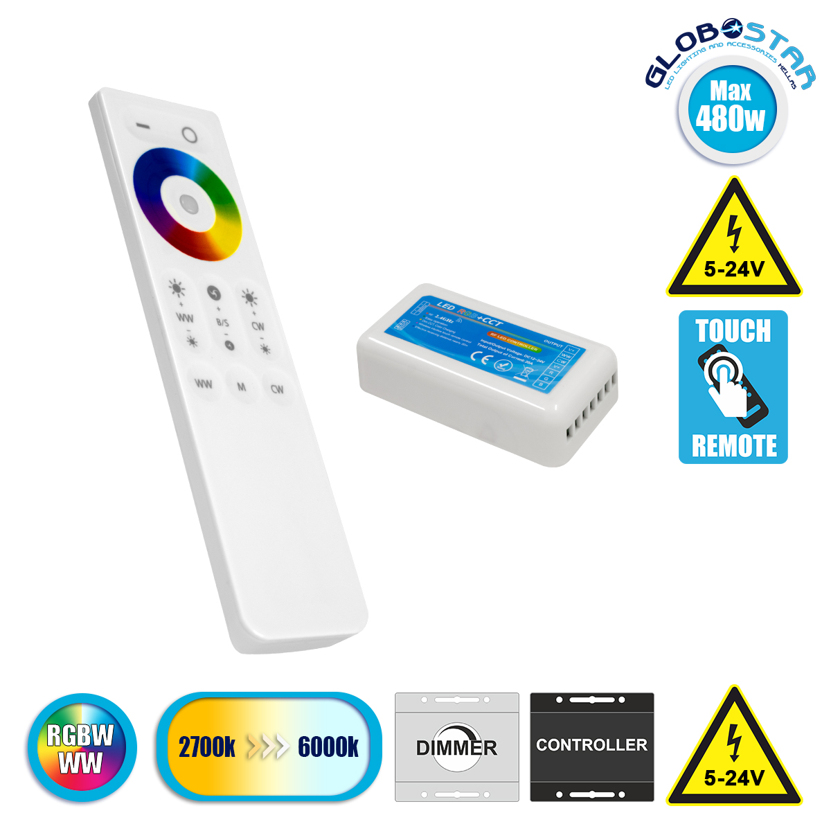 73424_01 GLOBOSTARu00ae RGBCONTROLLER 73424 u03a3u03b5u03c4 Dimmer / Controller u03bcu03b5 RF u0391u03c3u03cdu03c1u03bcu03b1u03c4u03bf u03a7u03b5u03b9u03c1u03b9u03c3u03c4u03aeu03c1u03b9u03bf u03bcu03b5 3 x 6.7A 160W u039au03b1u03bdu03acu03bbu03b9u03b1 DC 12-24V 20.1A 480W Max IP20 - RF2.4Ghz SYNC - u039c8.5 x u03a04.5 x u03a52.5cm - 2 u03a7u03c1u03ccu03bdu03b9u03b1 u0395u03b3u03b3u03cdu03b7u03c3u03b7