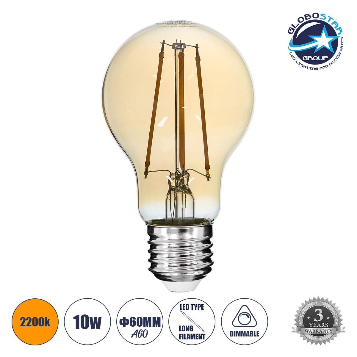 99038_01 GLOBOSTARu00ae GLOBE 99038 u039bu03acu03bcu03c0u03b1 E27 A60 LED 10W 900lm 360u00b0 AC 220-240V IP20 Ultra u0398u03b5u03c1u03bcu03cc u039bu03b5u03c5u03bau03cc 2200K Dimmable - Long Filament Chip - u039cu03b5u03bbu03af - u039c6 x u03a06 x u03a510.5cm - 3 u03a7u03c1u03ccu03bdu03b9u03b1 u0395u03b3u03b3u03cdu03b7u03c3u03b7